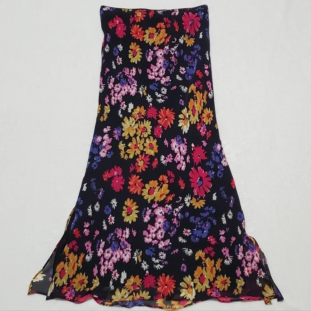 90s-Y2K Vintage Retro Express Silk Chiffon Black Multi-color Floral Midi Skirt S - Picture 4 of 13